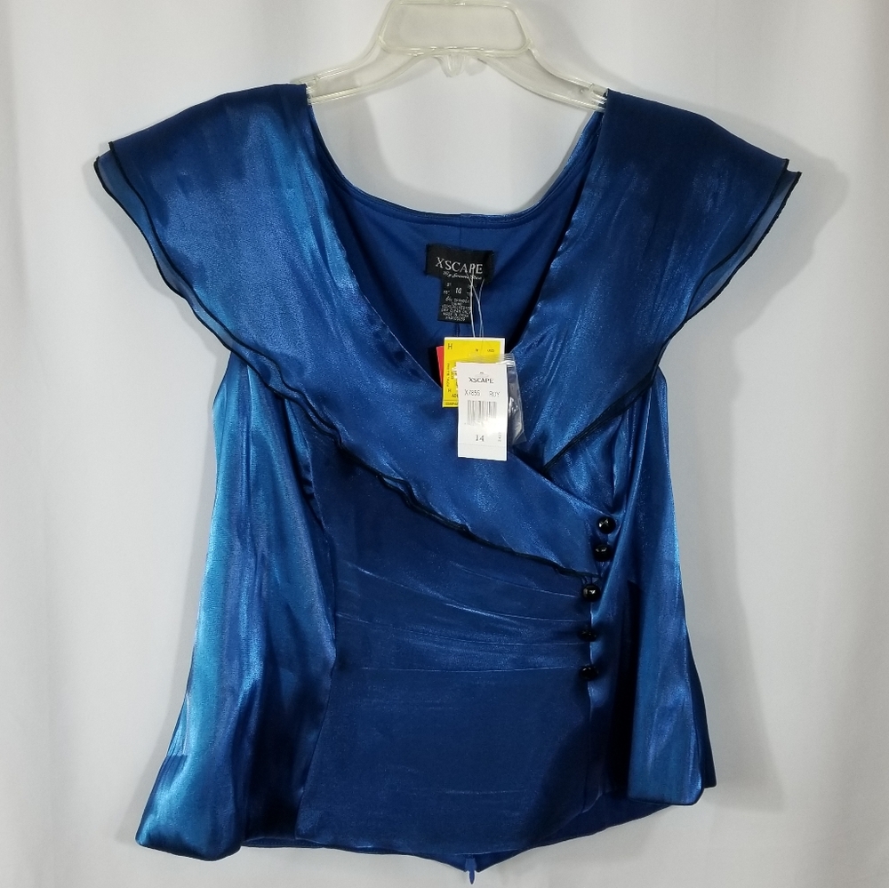 Xscape short sleeve sheer top blouse shirt blue